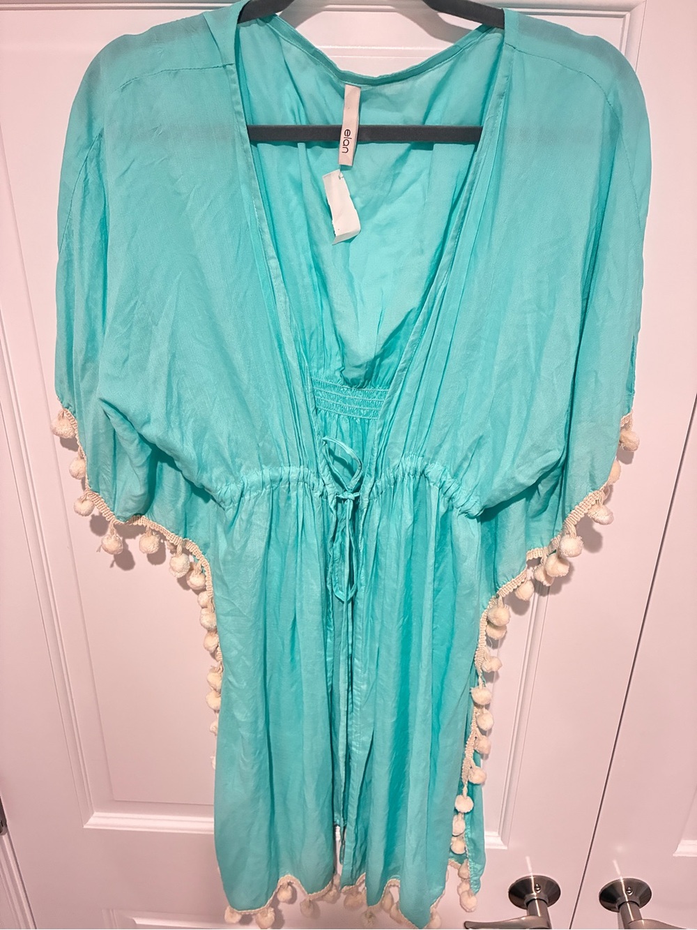 Elan Aqua Blue Boho Kaftan Pom-Pom Swim Cover-Up Tunic One Size